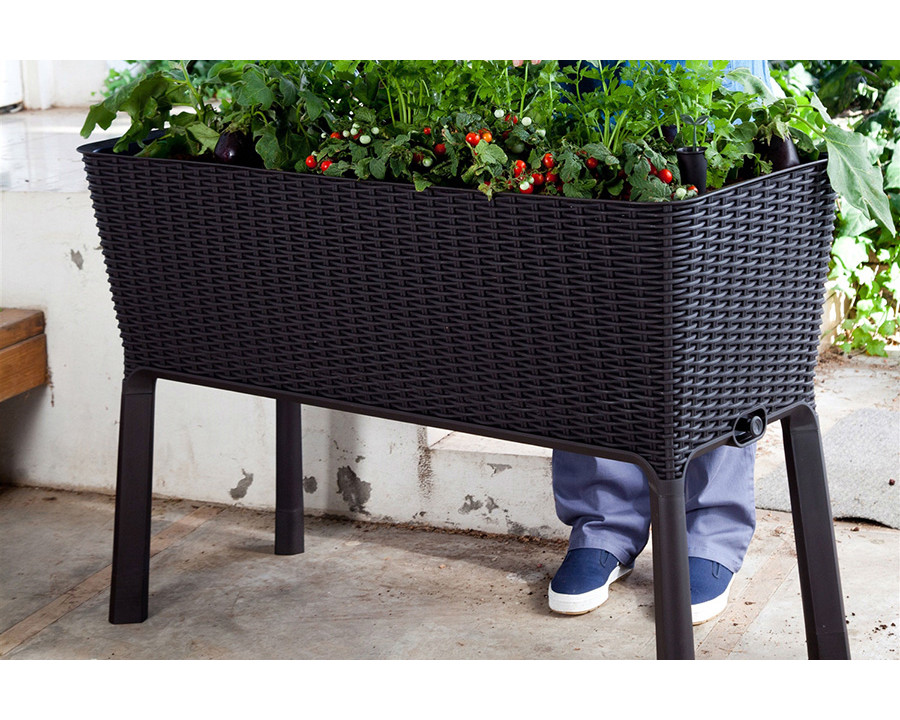 FaFurn - Modern Dark Brown Resin Wicker Raised Garden Bed Planter with Water Indicator