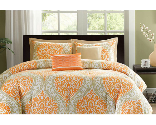 FaFurn Comforter Set in Damask Print - Orange, King Size