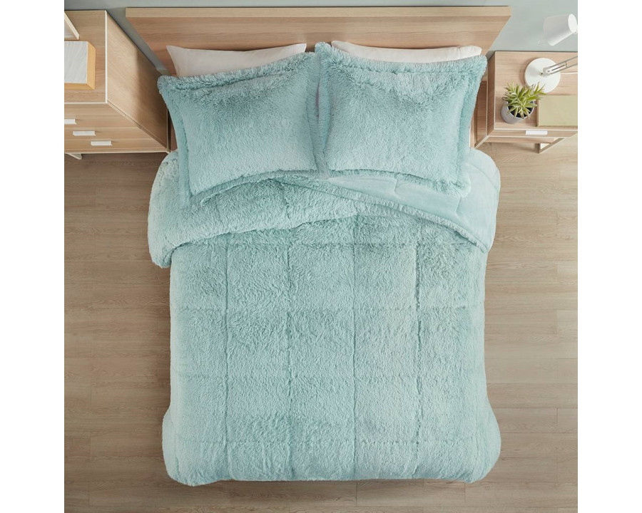 FaFurn 3-Piece King/Cal Size Comforter Set with Pillow Shams - Light Teal Blue, Soft Sherpa Faux Fur