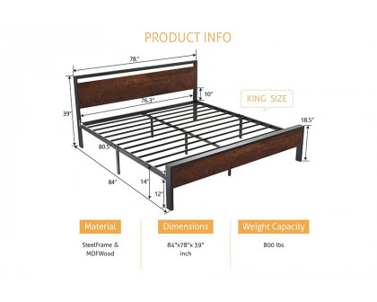 FaFurn Modern Farmhouse Platform Bed Frame with Wood Panel Headboard Footboard - Mahogany/Black, King Size