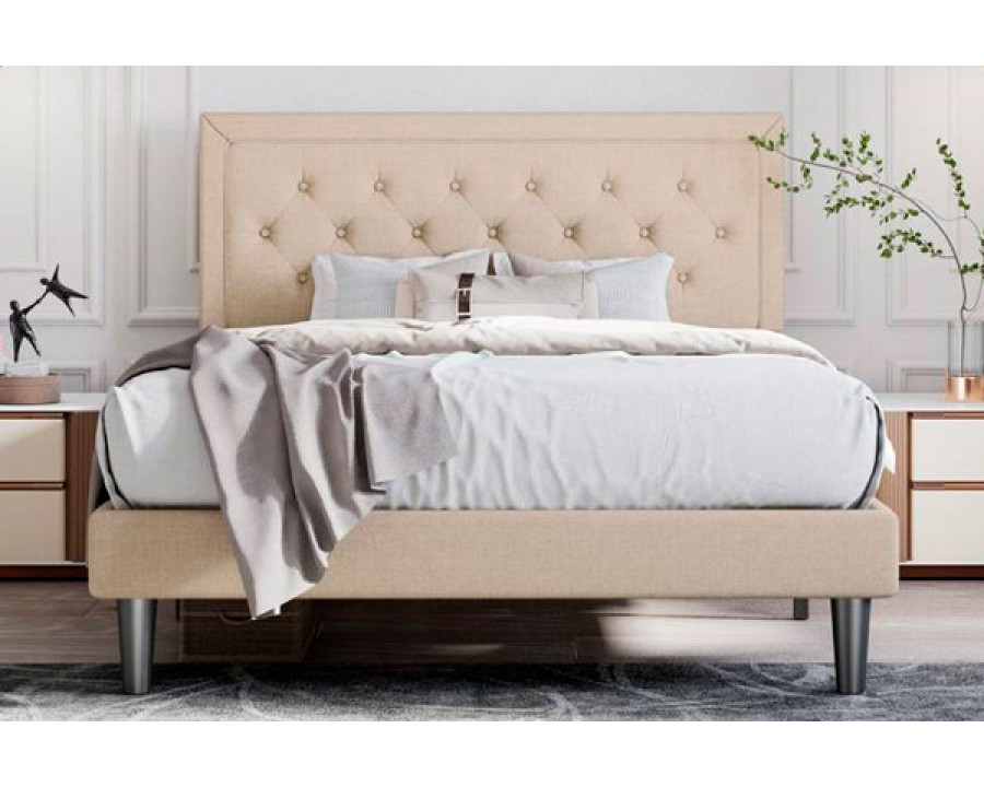 FaFurn King Size Adjustable Platform Bed with Headboard - Beige, Fabric