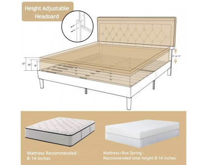 FaFurn King Size Adjustable Platform Bed with Headboard - Beige, Fabric