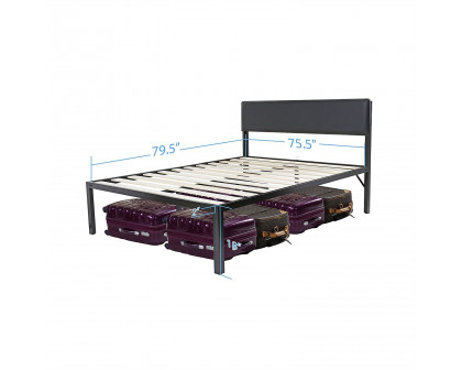 FaFurn - King Size Platform Bed Frame with Black Padded Headboard in Black, Metal