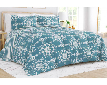 FaFurn - 3-Piece Striped Floral Reversible Comforter Set (BLWHCS5239714)