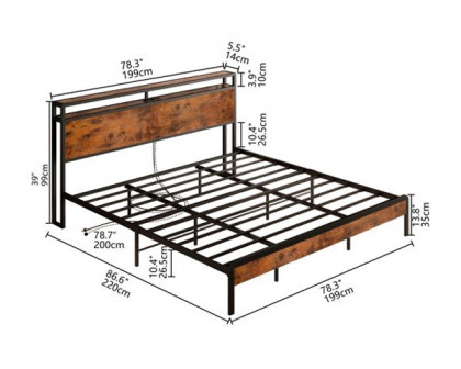 FaFurn Industrial King Size Platform Bed with Storage Headboard - Black/Walnut, Metal/Wood