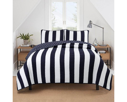 FaFurn 3-Piece King Size Reversible Quilt Set - Navy Blue/White, Cotton