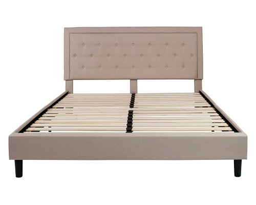 FaFurn Upholstered Platform Bed Frame with Button Tufted Headboard - Beige, King Size