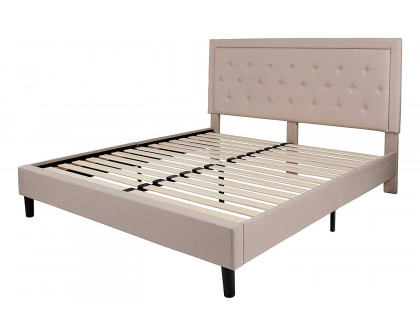 FaFurn Upholstered Platform Bed Frame with Button Tufted Headboard - Beige, King Size