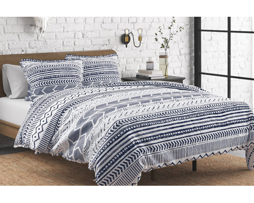 FaFurn 3 Piece Scandinavian Reversible Cotton Set - Blue/White, King Size