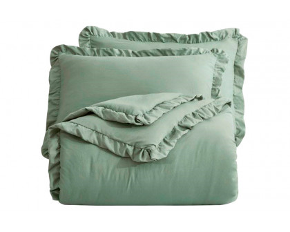 FaFurn King Size 3-Piece Oversized Ruffled Edge Comforter Set - Sage Green, Microfiber