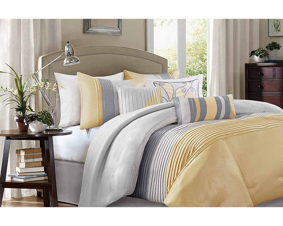 FaFurn 7 Piece Bed in a Bag Comforter Set Faux Silk - Yellow/Gray, King Size