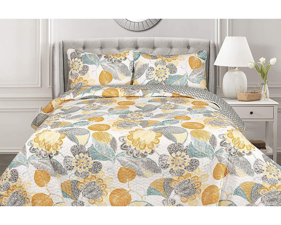 FaFurn - 3 Piece Reversible Yellow Gray Floral Cotton Quilt Set in King Size