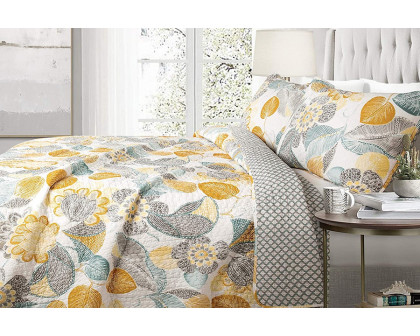 FaFurn - 3 Piece Reversible Yellow Gray Floral Cotton Quilt Set in King Size