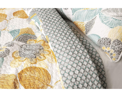 FaFurn - 3 Piece Reversible Yellow Gray Floral Cotton Quilt Set in King Size