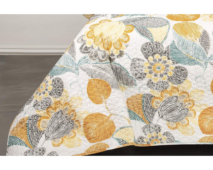 FaFurn - 3 Piece Reversible Yellow Gray Floral Cotton Quilt Set in King Size