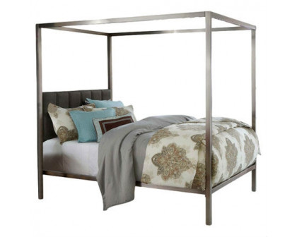 FaFurn - King Size Canopy Bed Frame with Upholstered Headboard in Metal