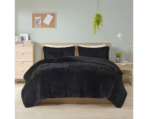 FaFurn 3-Piece King/Cal Size Comforter Set with Pillow Shams - Black, Soft Sherpa Faux Fur