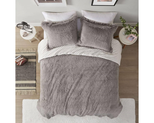 FaFurn 3-Piece Reversible King/Cal Size Comforter Set - Gray, Soft Sherpa Faux Fur