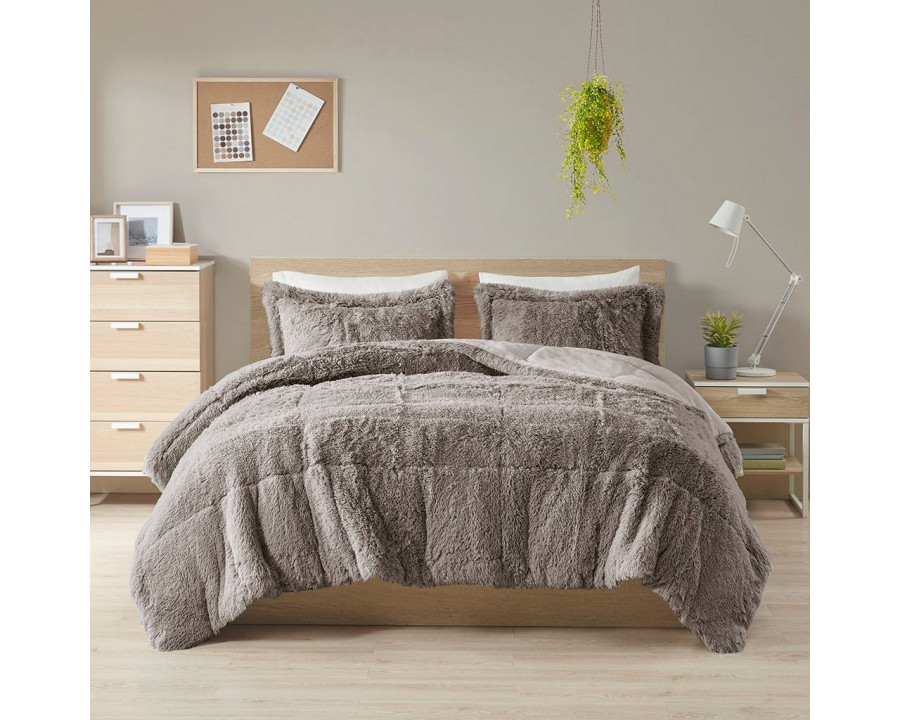 FaFurn 3-Piece King/Cal Size Comforter Set with Pillow Shams - Gray, Soft Sherpa Faux Fur