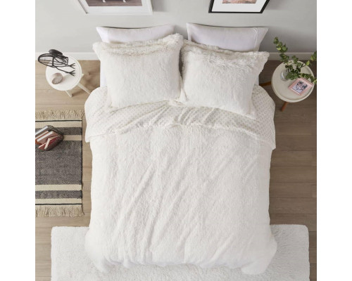 FaFurn 3-Piece Reversible King/Cal Size Comforter Set - Ivory, Soft Sherpa Faux Fur