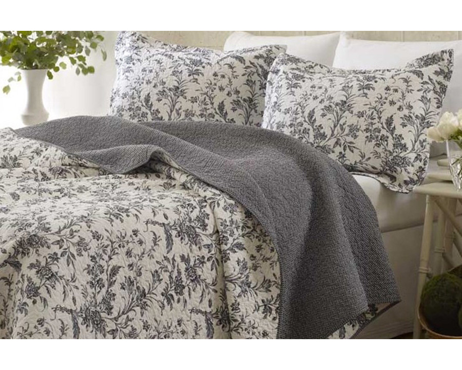 FaFurn - King Size Cotton Blend 3-Piece Reversible Quilt Set in Gray White Floral Design