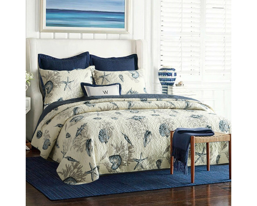 FaFurn - 3-Piece King Size Quilt Set with Seashells Ocean Beach Nautical Pattern in Cotton