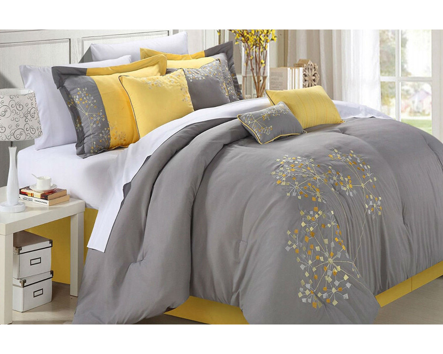 FaFurn - King Size 8-Piece Modern Yellow Gray Floral Comforter Set