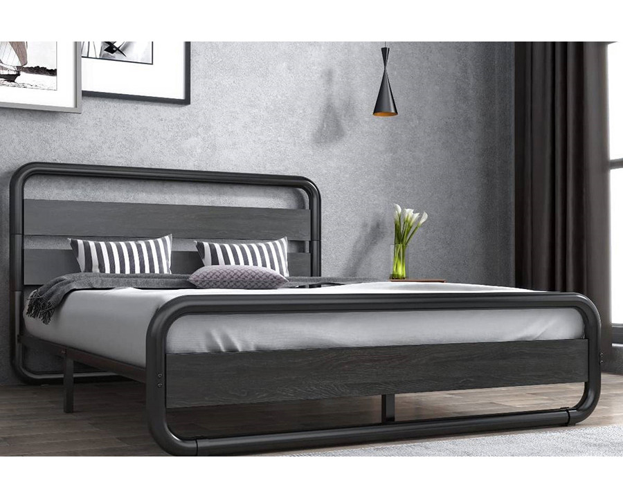 FaFurn Heavy Duty Round Metal Frame Platform Bed with Wood Panel Headboard - Black, King Size