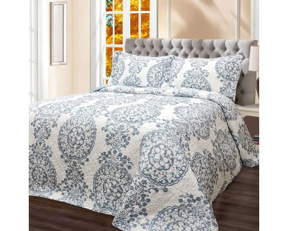 FaFurn - 3-Piece King Size Reversible Quilt Set with Floral Medallion Design in White/Blue, Cotton