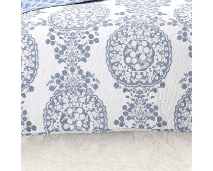 FaFurn - 3-Piece King Size Reversible Quilt Set with Floral Medallion Design in White/Blue, Cotton