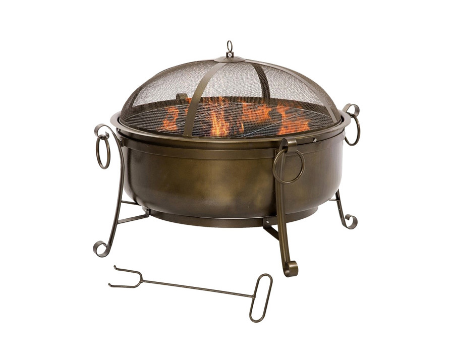 FaFurn - Large Wood Burning Fire Pit Cauldron Style Steel Bowl with Bbq Grill, Log Poker, and Mesh Screen Lid