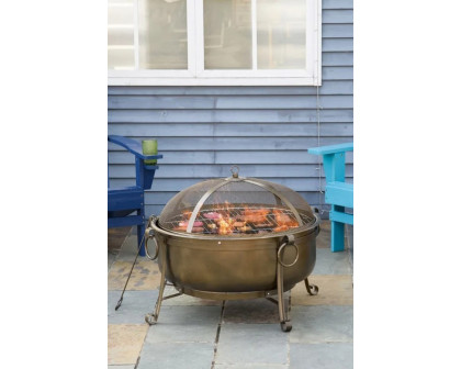 FaFurn - Large Wood Burning Fire Pit Cauldron Style Steel Bowl with Bbq Grill, Log Poker, and Mesh Screen Lid