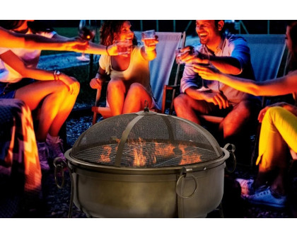 FaFurn - Large Wood Burning Fire Pit Cauldron Style Steel Bowl with Bbq Grill, Log Poker, and Mesh Screen Lid