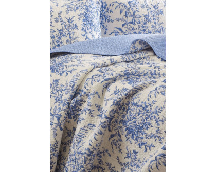 FaFurn - King Size 100% Cotton Quilt Bedspread Set with Blue White Floral Leaves Pattern