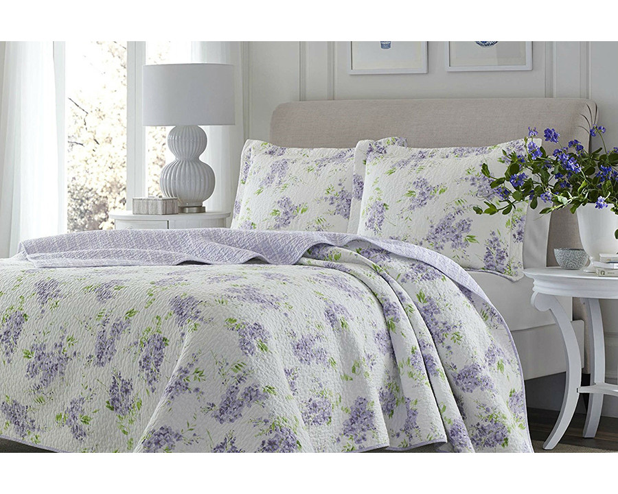 FaFurn - Full/Queen Size 3-Piece Cotton Quilt Set with White Purple Floral Pattern