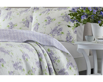 FaFurn - Full/Queen Size 3-Piece Cotton Quilt Set with White Purple Floral Pattern