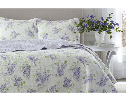 FaFurn - Full/Queen Size 3-Piece Cotton Quilt Set with White Purple Floral Pattern