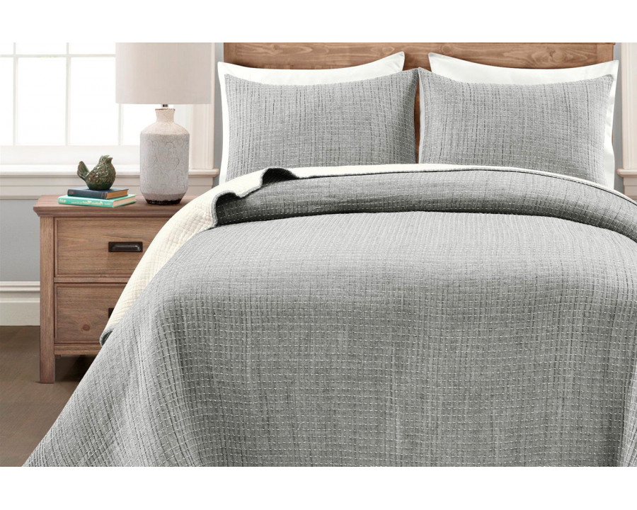 FaFurn King Size Reversible 3-Piece Coverlet Set - Gray/Cream, Cotton