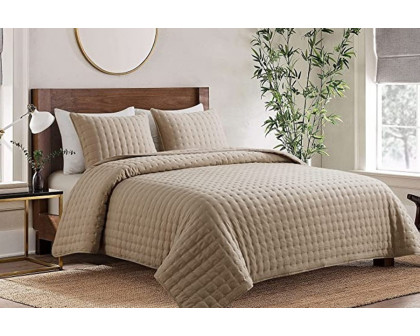 FaFurn 3 Piece Microfiber Polyester Quilt Bedding Set - Beige, Queen Size