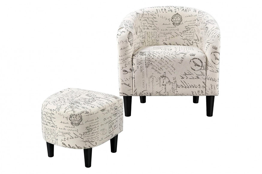 FaFurn™ - Letter Print French Upholstered Barrel Chair and Ottoman Set