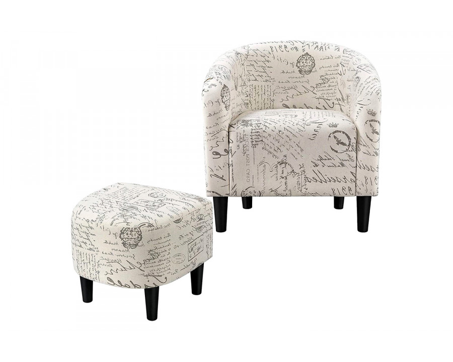 FaFurn - Letter Print French Upholstered Barrel Chair and Ottoman Set