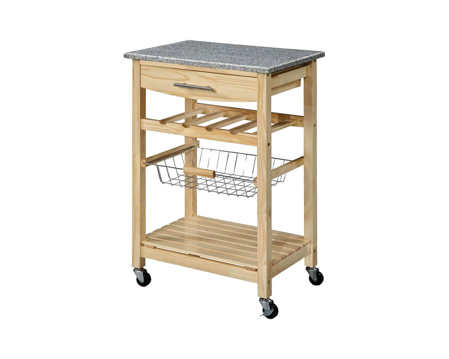 FaFurn - Natural Wood Finish Kitchen Island Cart with Granite Top