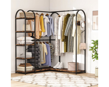 FaFurn - Garment Rack Clothes with Clothing Hanging Rods and Storage Shelves in Brown, Metal