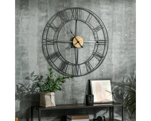 FaFurn - Wall Clock with Roman Numerals and Wooden Center in Wood