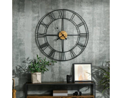 FaFurn - Wall Clock with Roman Numerals and Wooden Center in Wood