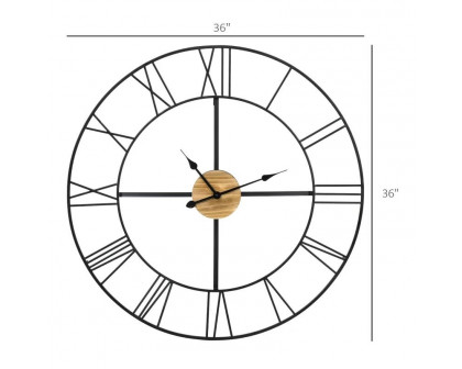 FaFurn - Wall Clock with Roman Numerals and Wooden Center in Wood