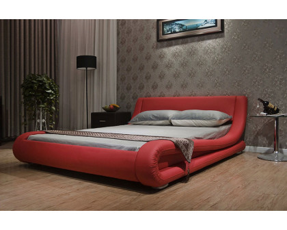 FaFurn Modern Faux Leather Upholstered Platform Bed with Curved Headboard - Red, King Size