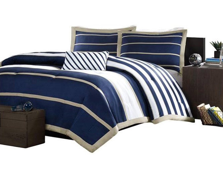 FaFurn - Full/Queen Size Comforter Set in Navy Blue White Khaki Stripe