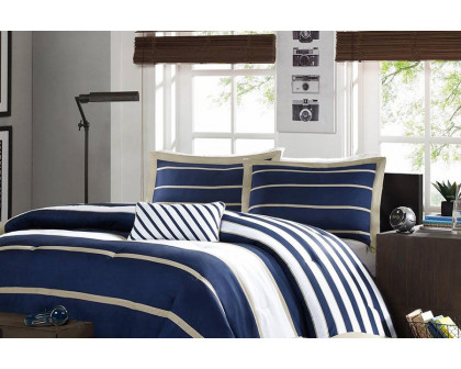 FaFurn - Full/Queen Size Comforter Set in Navy Blue White Khaki Stripe