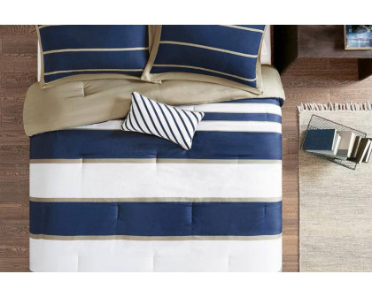 FaFurn - Full/Queen Size Comforter Set in Navy Blue White Khaki Stripe